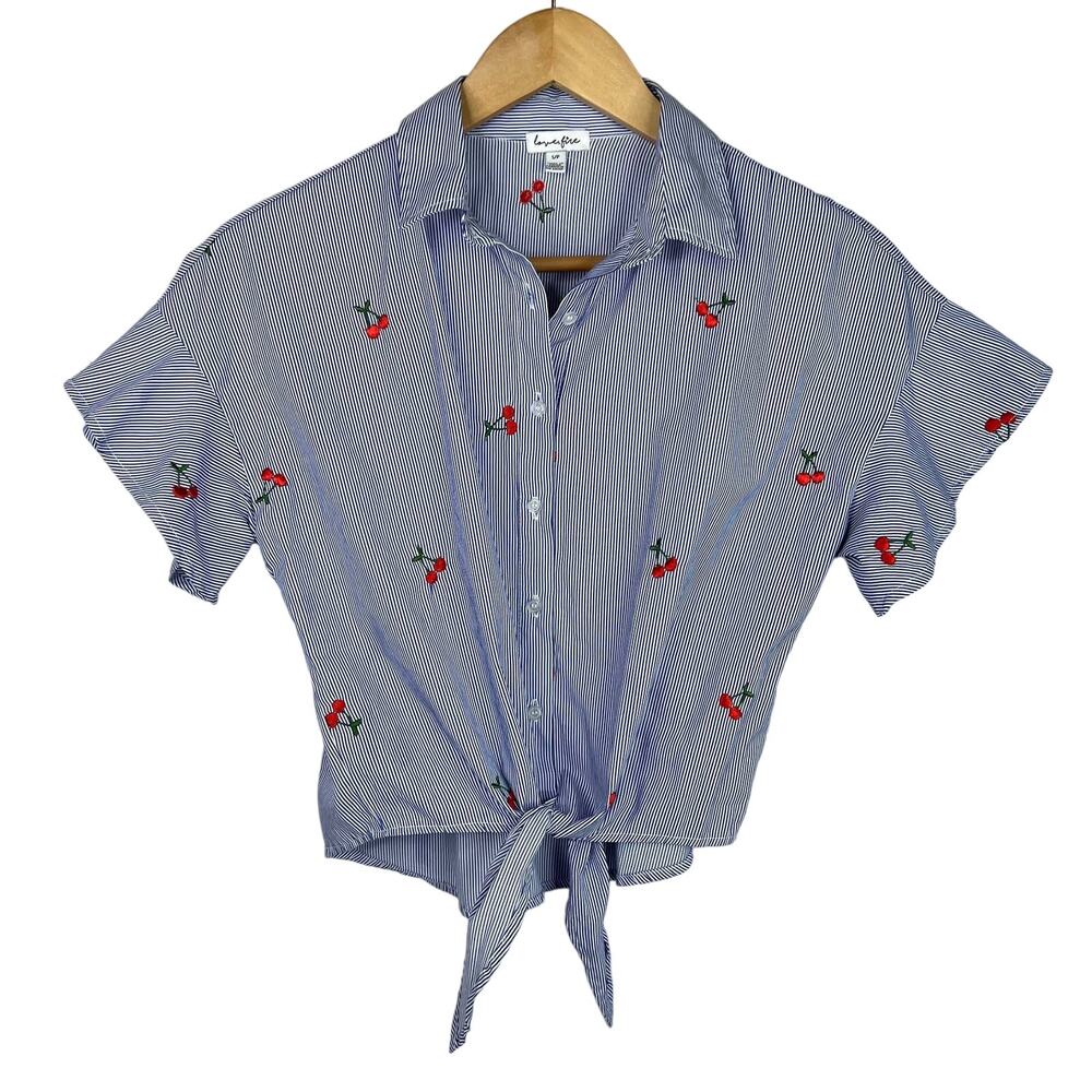 Love, Fire Cherry Embroidered Stripe Tie Front Crop Top Small
